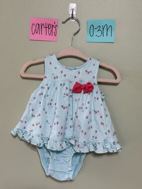 NWOT Carter's Light Blue Baby Girl Cherry Bodysuit Dress, Flowy Back, 0-3M